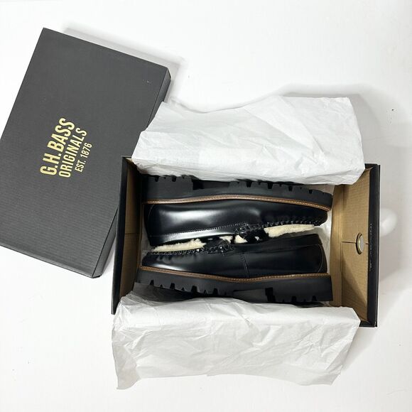 GH BASS Loafer Women 5.5 Black Leather Shearling Whitney Cozy Weejun Lug NEW - Picture 2 of 9